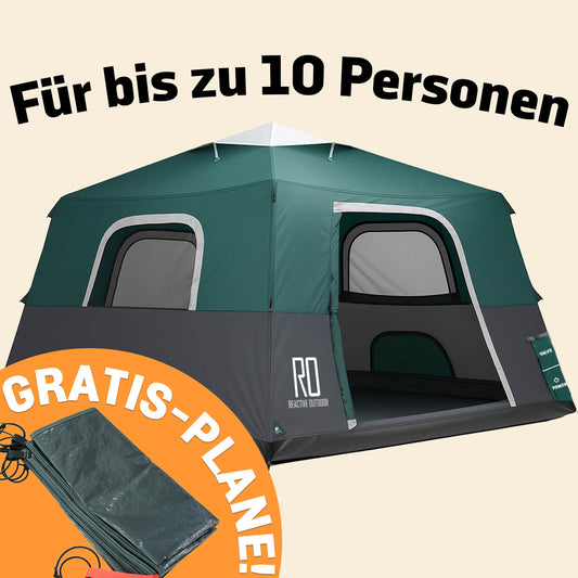 Extragroßes 2-Schritt-Kabinenzelt + KOSTENLOSE Camping-Plane (für bis zu 10 Personen, DE)