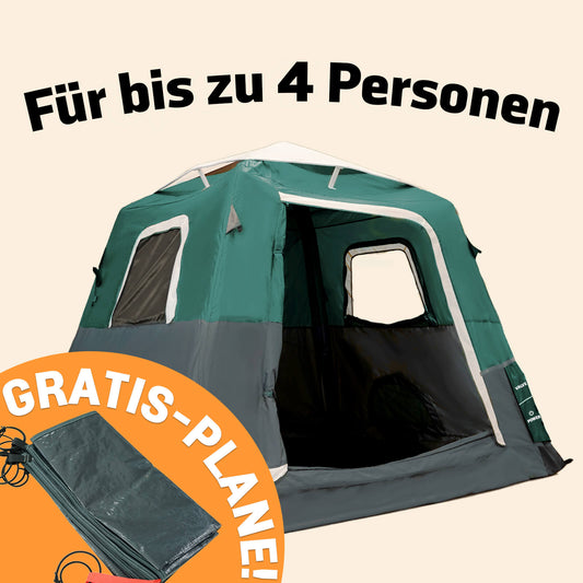 Kleines 2-Schritt-Kabinenzelt + KOSTENLOSE Camping-Plane (für bis zu 4 Personen, DE).