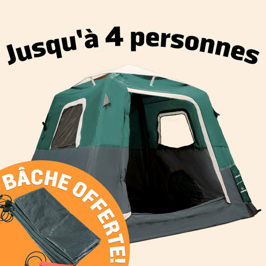 2-Step Cabin Tent – Petite taille + Bâche de camping OFFERTE (jusqu’à 4 personnes, FR)